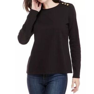 Kim Rogers Cotton Blend Gold Button Trimmed Top Black Size XL